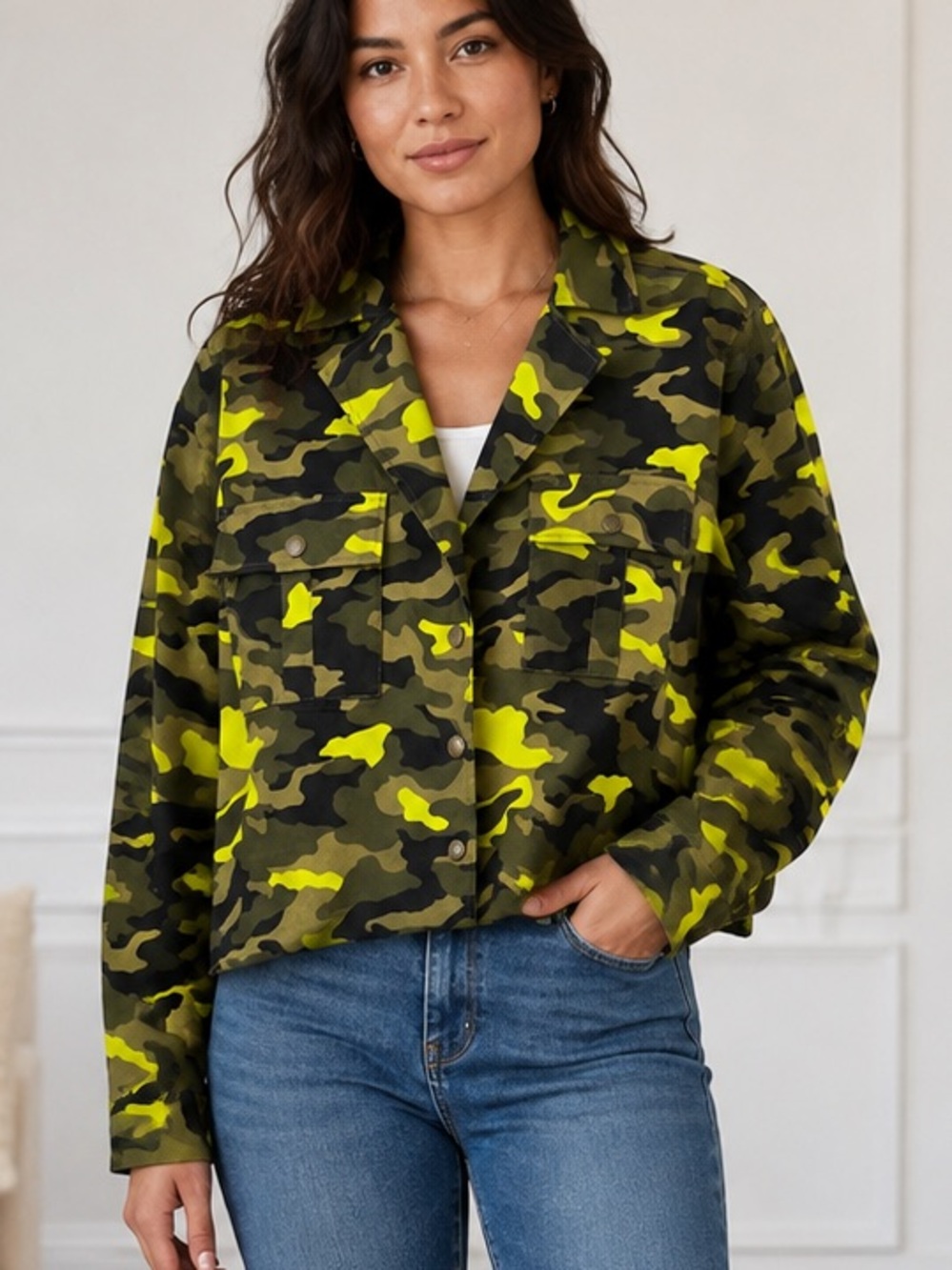 Nina Parker Women's camo Print Green Graphic Cotton jacket Plus Size 3X